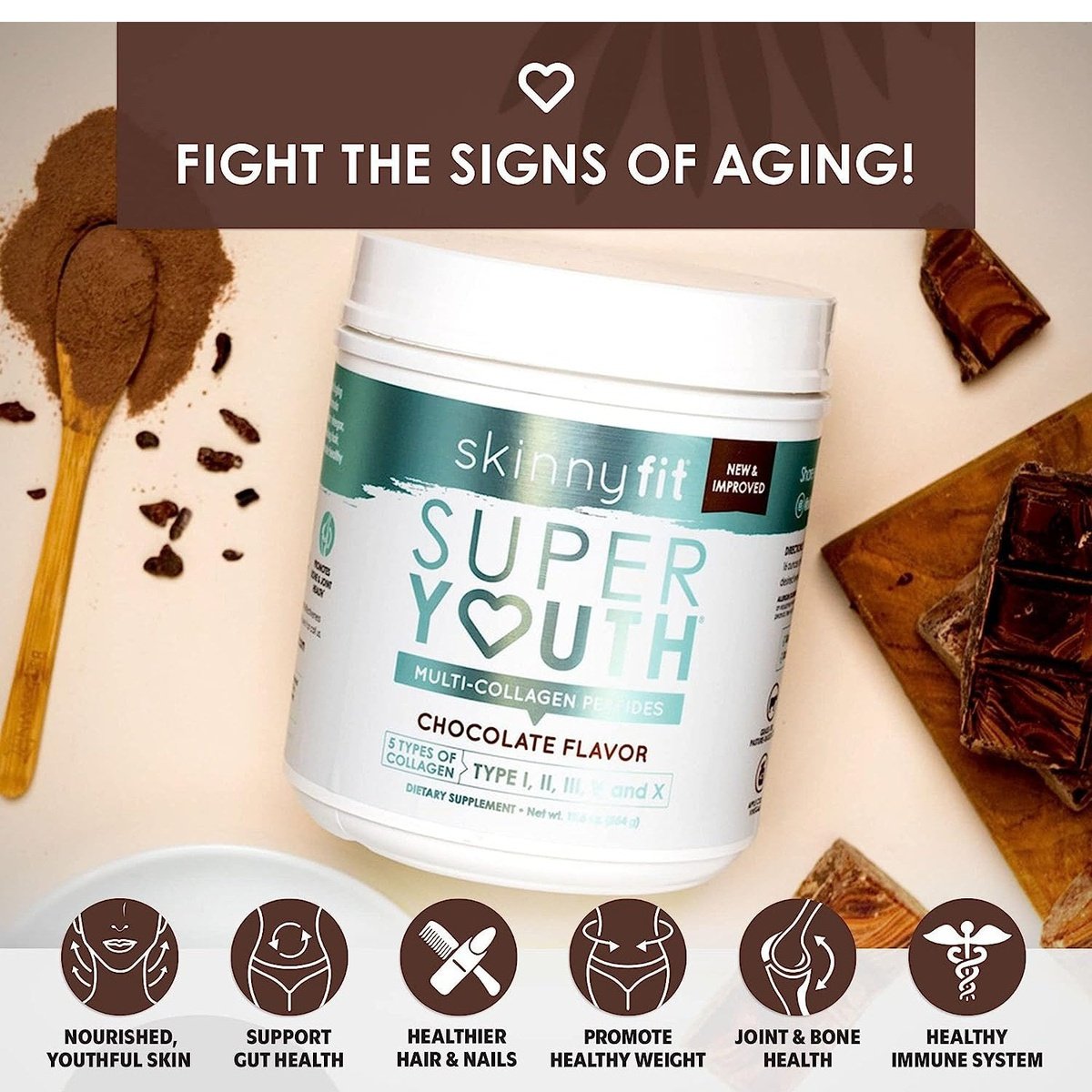 SkinnyFit Super Youth Plus Multi-Collagen Peptides Chocolate Flavor Collagen NEW Skinny Fit